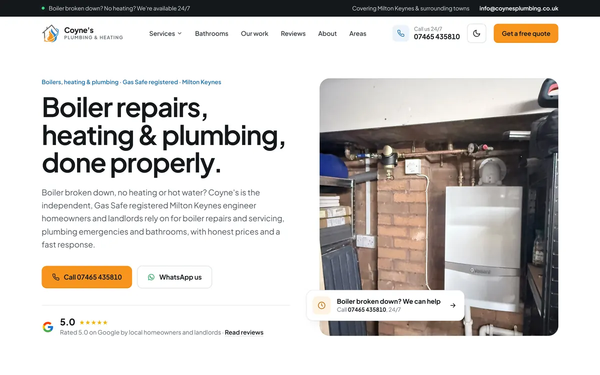 The Coyne's Plumbing website: boiler repair headline, call and WhatsApp buttons, and a five star Google rating.
