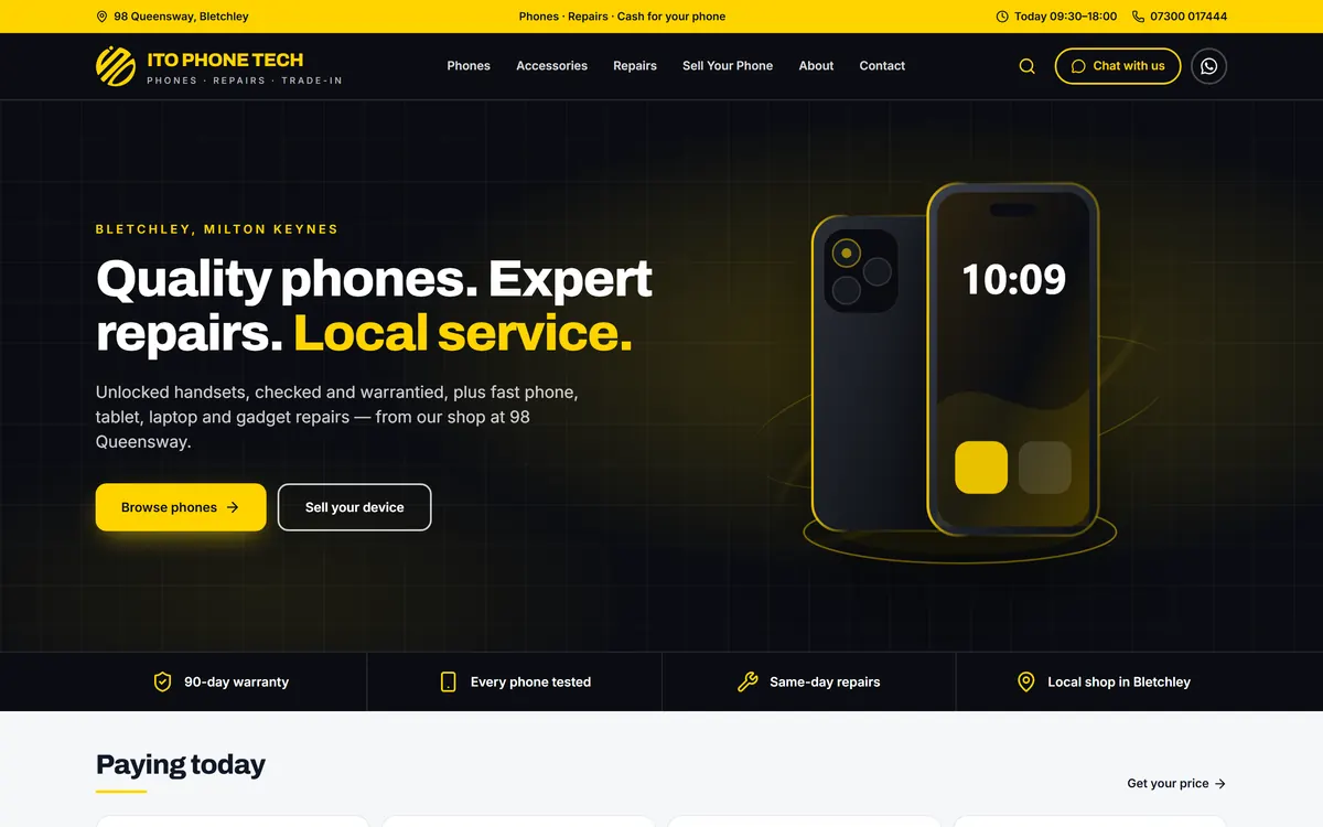 The ITO Phone Tech website: phone repair headline, shop address and opening hours, and live trade-in prices per handset.
